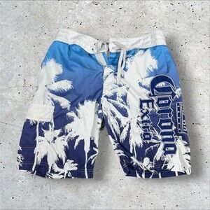 Corona Men’s Board Shorts Blue/White Palm Tree Drawstring Pockets Size M